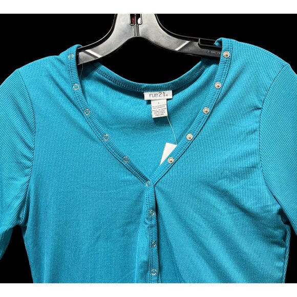 Rue 21 - Women's Casual Long Sleeve Button Down T-Shirt - Blue - Large - Picture 10 of 10